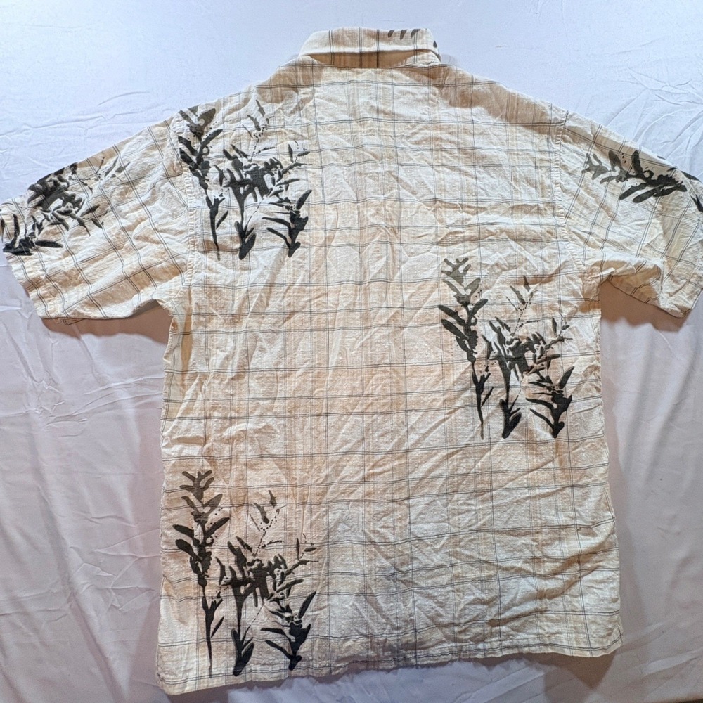 Nautica Button‎ Down Shirt Mens XXL Beige Plaid Botanical Cotton Short Sleeve - Picture 3 of 8